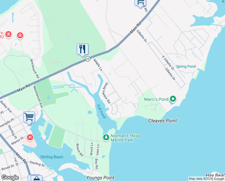 map of restaurants, bars, coffee shops, grocery stores, and more near 55 Snug Harbor Road in Greenport