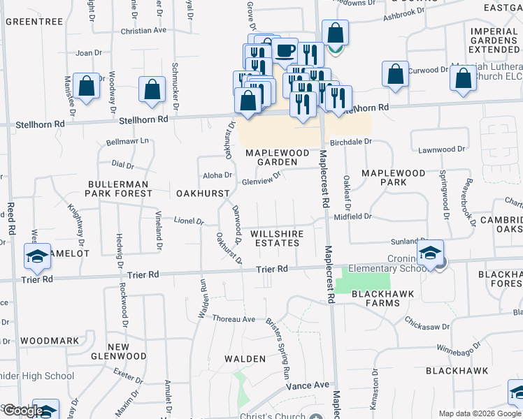 map of restaurants, bars, coffee shops, grocery stores, and more near 4014 Willshire Court in Fort Wayne