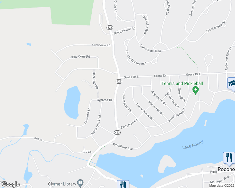 map of restaurants, bars, coffee shops, grocery stores, and more near 320 Pennsylvania 423 in Pocono Pines