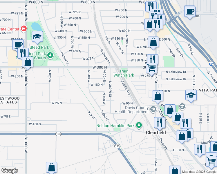 map of restaurants, bars, coffee shops, grocery stores, and more near 178 North 360 West in Clearfield
