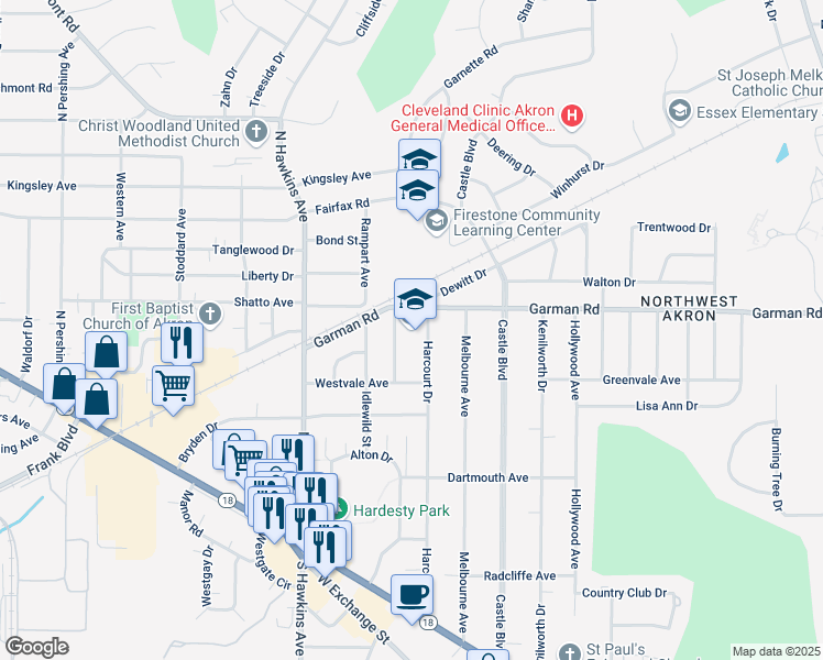 map of restaurants, bars, coffee shops, grocery stores, and more near 1420 Garman Road in Akron