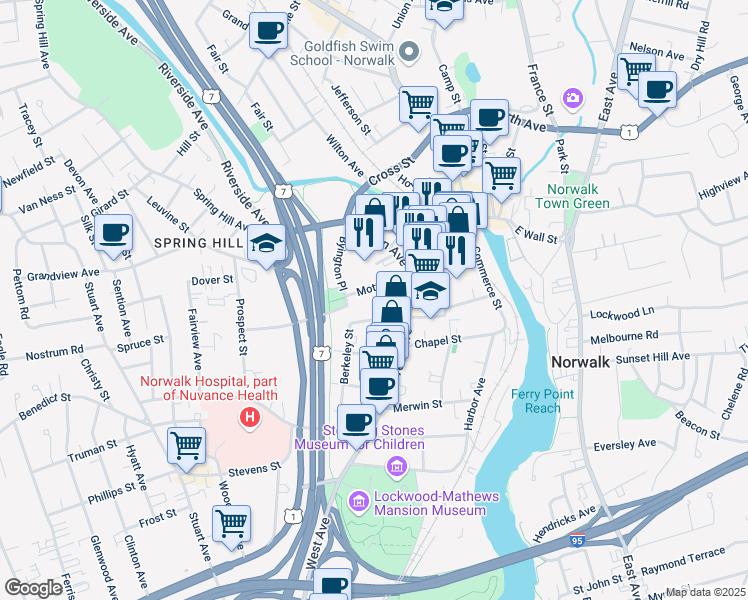map of restaurants, bars, coffee shops, grocery stores, and more near 1 Mott Avenue in Norwalk