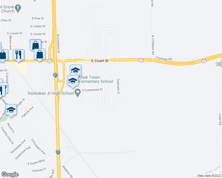 map of restaurants, bars, coffee shops, grocery stores, and more near 299 South Hillcrest Avenue in Kankakee