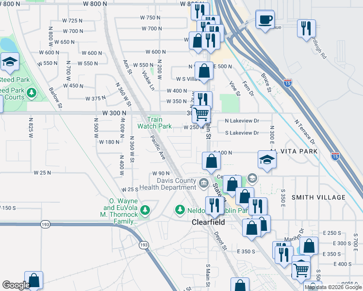 map of restaurants, bars, coffee shops, grocery stores, and more near 75 West 250 North in Clearfield