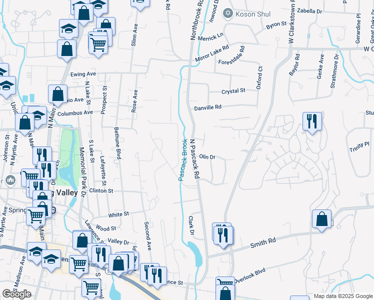 map of restaurants, bars, coffee shops, grocery stores, and more near 107 Forest Glen Court in Nanuet