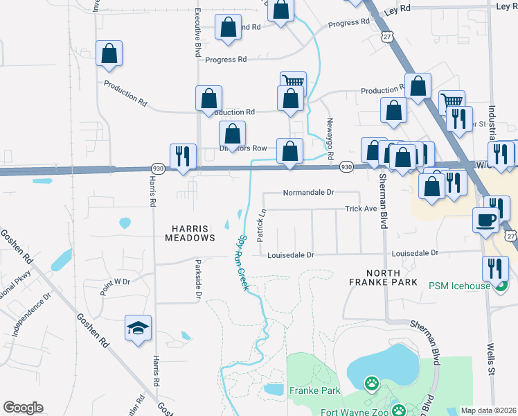 map of restaurants, bars, coffee shops, grocery stores, and more near 4219 Patrick Lane in Fort Wayne