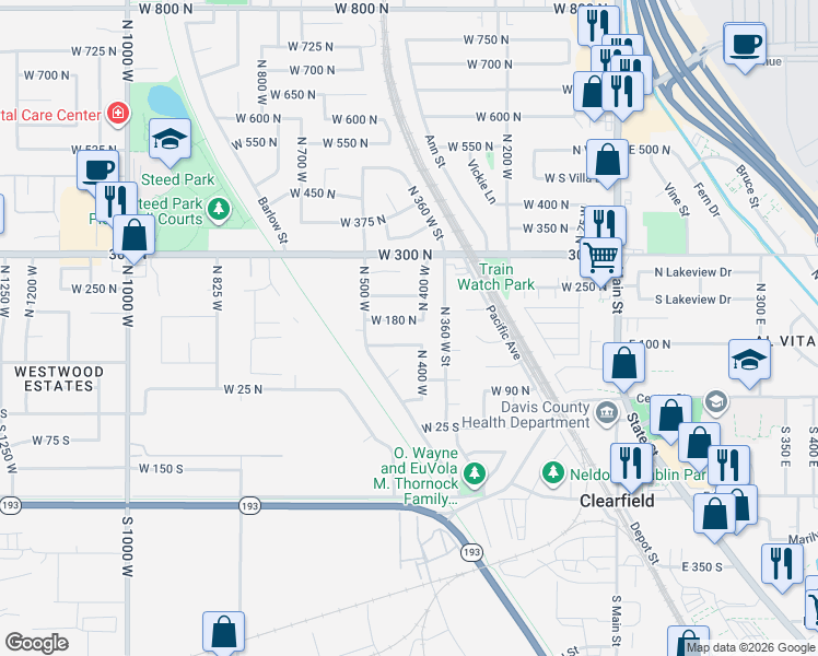 map of restaurants, bars, coffee shops, grocery stores, and more near 434 West 180 North in Clearfield