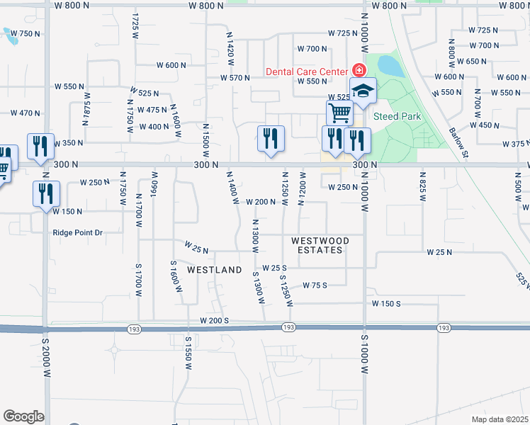 map of restaurants, bars, coffee shops, grocery stores, and more near 1284 West 200 North in Clearfield