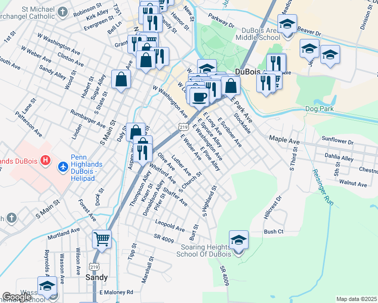 map of restaurants, bars, coffee shops, grocery stores, and more near 18 1/2 E Weber Ave in DuBois
