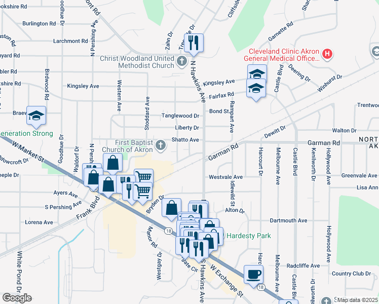 map of restaurants, bars, coffee shops, grocery stores, and more near 1590 Shatto Avenue in Akron