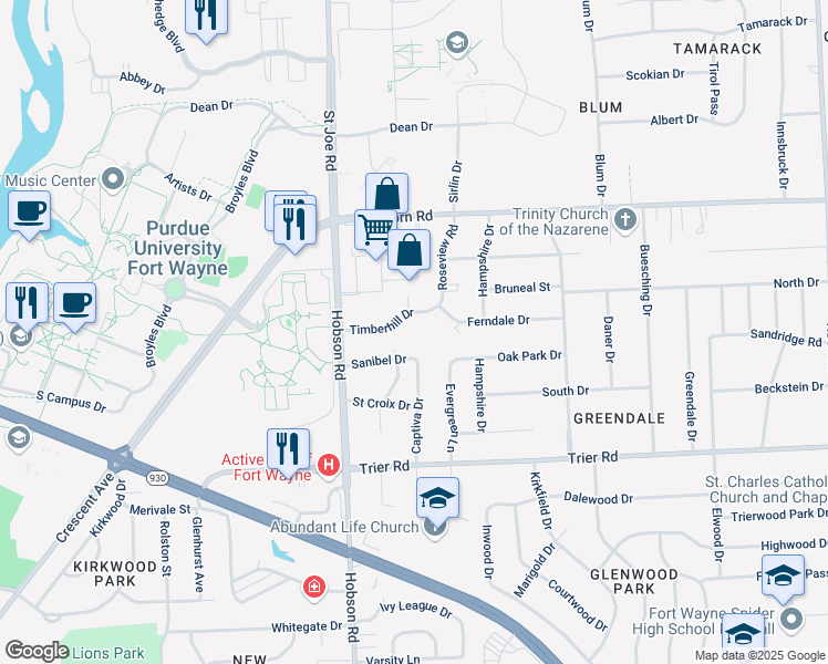 map of restaurants, bars, coffee shops, grocery stores, and more near 3506 Timberhill Drive in Fort Wayne