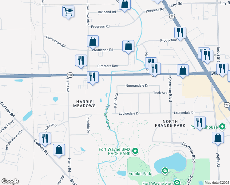 map of restaurants, bars, coffee shops, grocery stores, and more near 4219 Patrick Lane in Fort Wayne
