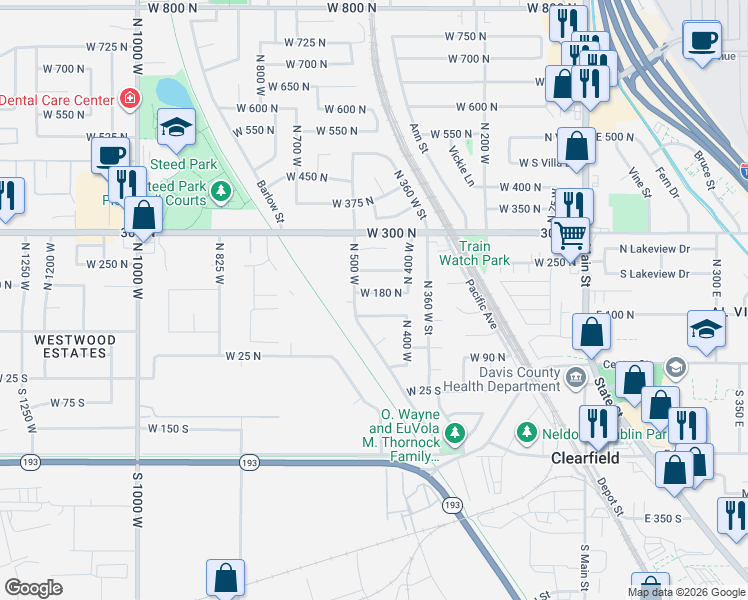 map of restaurants, bars, coffee shops, grocery stores, and more near 478 West 180 North in Clearfield