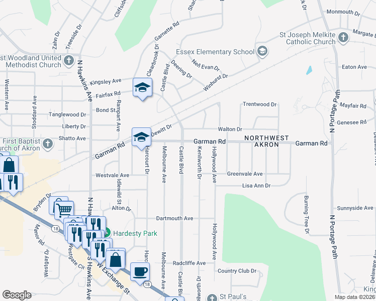 map of restaurants, bars, coffee shops, grocery stores, and more near 1311 Garman Road in Akron
