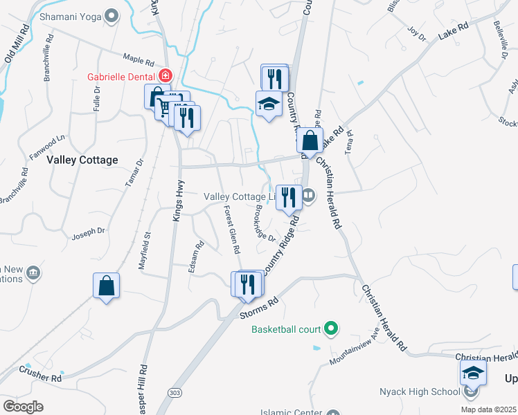 map of restaurants, bars, coffee shops, grocery stores, and more near Brookridge Drive & Brookridge Court in Valley Cottage
