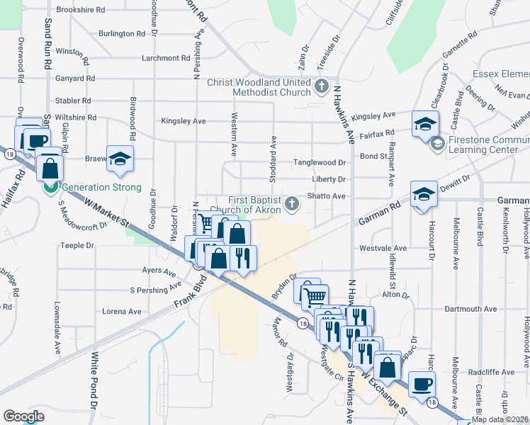 map of restaurants, bars, coffee shops, grocery stores, and more near 1720 Shatto Avenue in Akron