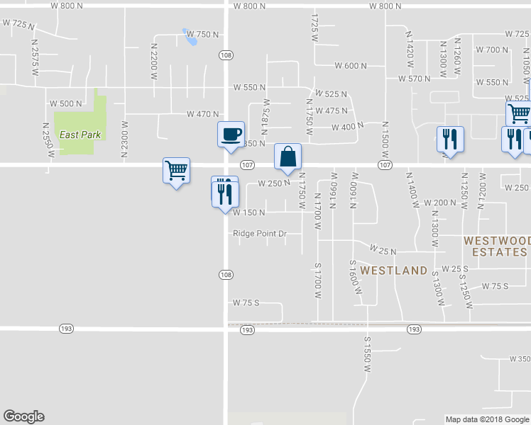 map of restaurants, bars, coffee shops, grocery stores, and more near 1901 West 150 North in West Point