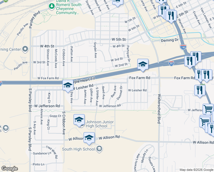 map of restaurants, bars, coffee shops, grocery stores, and more near 1146 W Leisher Rd in Cheyenne