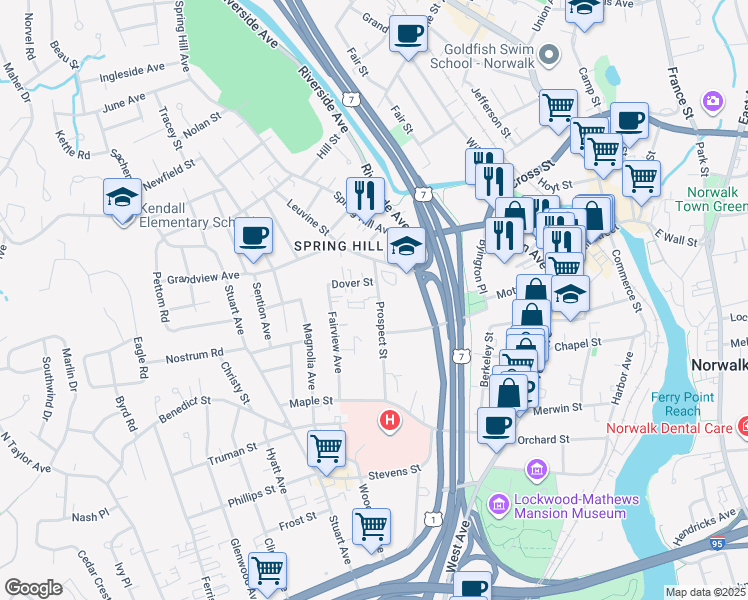 map of restaurants, bars, coffee shops, grocery stores, and more near 18 Prospect Avenue in Norwalk