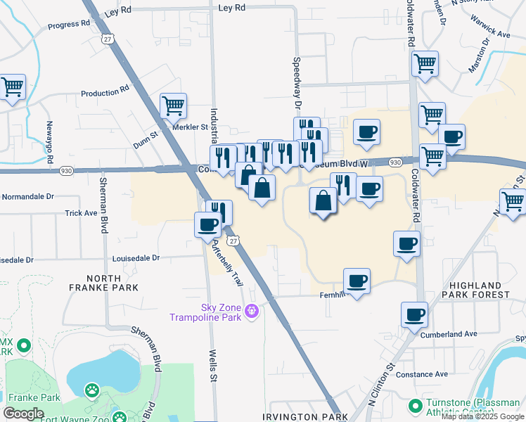 map of restaurants, bars, coffee shops, grocery stores, and more near 4122 Lima Road in Fort Wayne