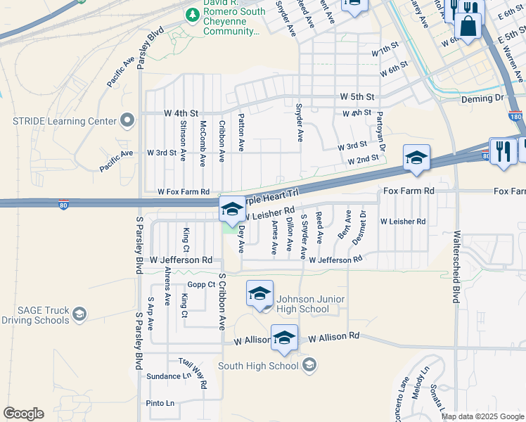 map of restaurants, bars, coffee shops, grocery stores, and more near 1260 West Leisher Road in Cheyenne