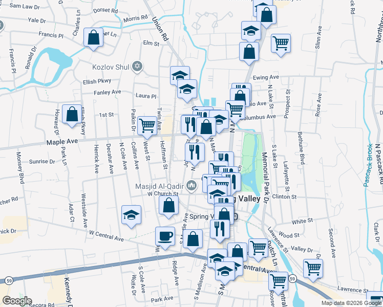 map of restaurants, bars, coffee shops, grocery stores, and more near 37 North Myrtle Avenue in Spring Valley
