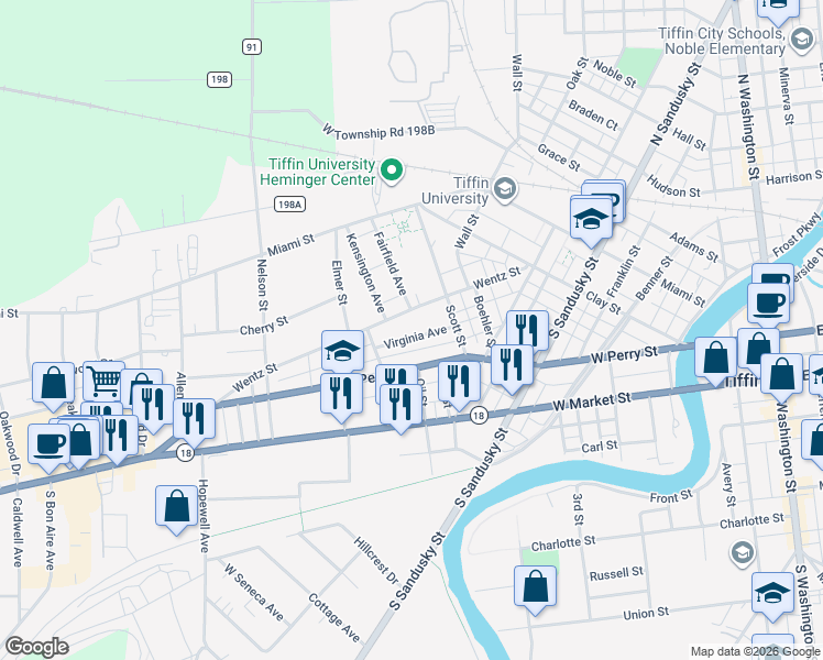 map of restaurants, bars, coffee shops, grocery stores, and more near 148 Wentz Street in Tiffin
