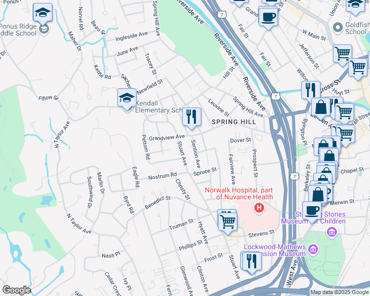 map of restaurants, bars, coffee shops, grocery stores, and more near 48 Grandview Avenue in Norwalk