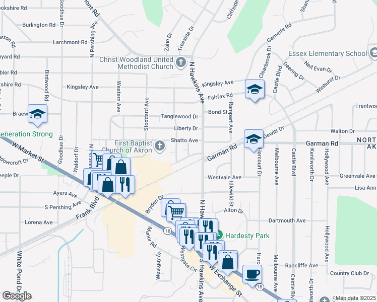 map of restaurants, bars, coffee shops, grocery stores, and more near 1590 Shatto Avenue in Akron