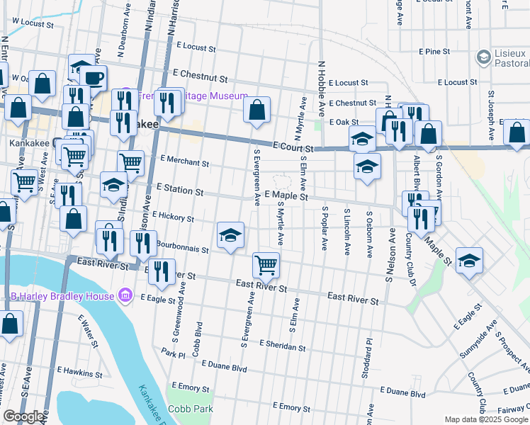 map of restaurants, bars, coffee shops, grocery stores, and more near 312-314 South Evergreen Avenue in Kankakee