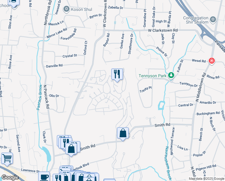 map of restaurants, bars, coffee shops, grocery stores, and more near 195 Treetop Circle in Nanuet