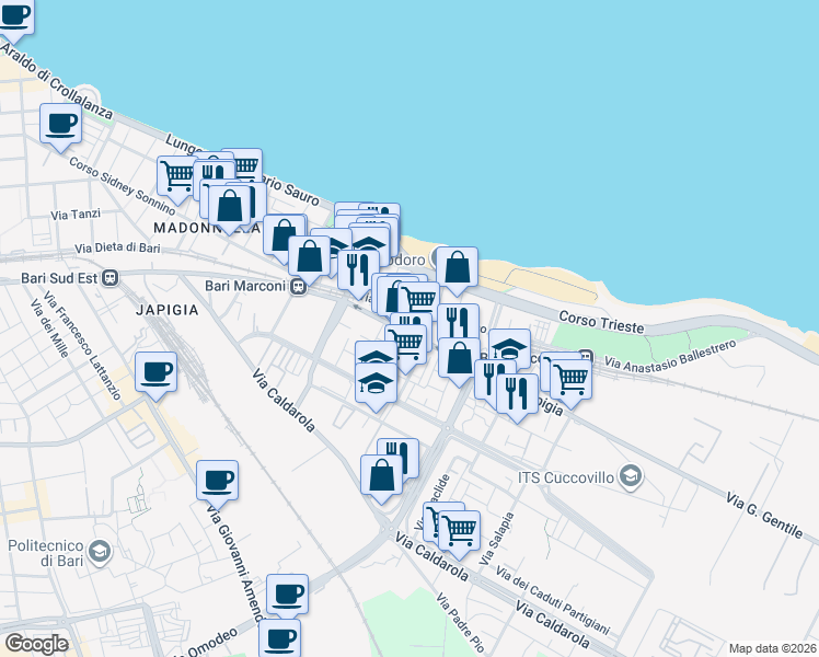 map of restaurants, bars, coffee shops, grocery stores, and more near 24 Viale Imperatore Traiano in Bari