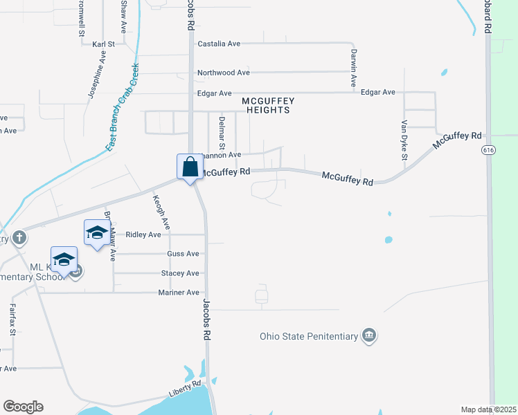 map of restaurants, bars, coffee shops, grocery stores, and more near 1042 East Way Drive in Youngstown