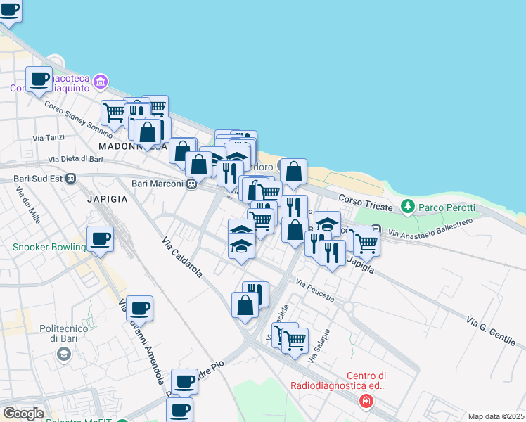 map of restaurants, bars, coffee shops, grocery stores, and more near 24 Viale Imperatore Traiano in Bari