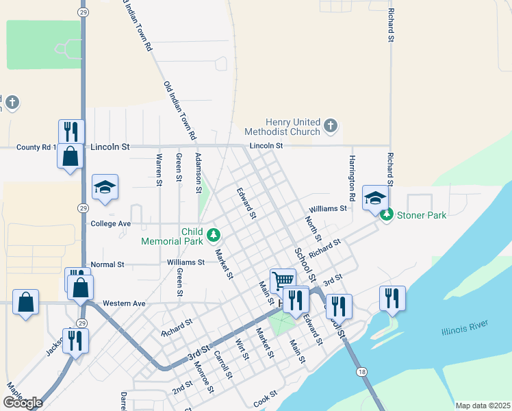 map of restaurants, bars, coffee shops, grocery stores, and more near 1008 Edward Street in Henry