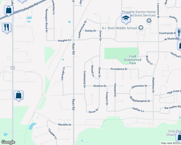map of restaurants, bars, coffee shops, grocery stores, and more near 1183 Newell Lane in Medina
