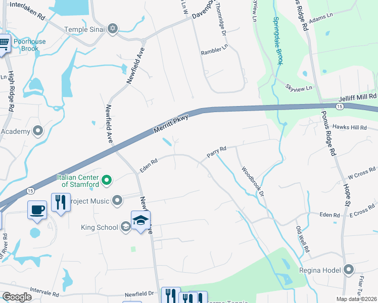 map of restaurants, bars, coffee shops, grocery stores, and more near 100 Eden Road in Stamford