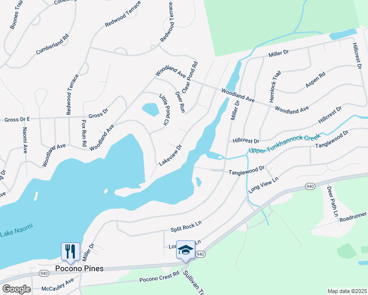 map of restaurants, bars, coffee shops, grocery stores, and more near 6202 Lakeview Drive in Pocono Pines