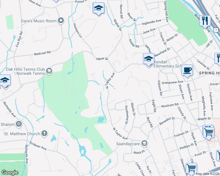 map of restaurants, bars, coffee shops, grocery stores, and more near 200 North Taylor Avenue in Norwalk