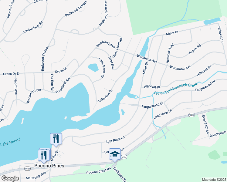 map of restaurants, bars, coffee shops, grocery stores, and more near 6202 Lakeview Drive in Pocono Pines