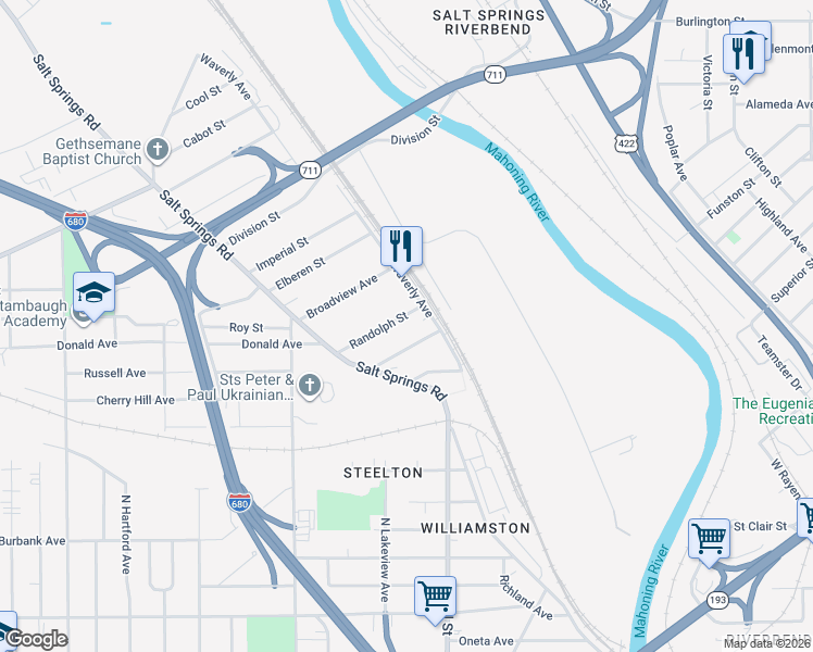 map of restaurants, bars, coffee shops, grocery stores, and more near 330 Randolph Street in Youngstown