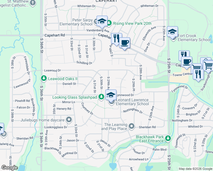 map of restaurants, bars, coffee shops, grocery stores, and more near 12908 South 29th Avenue in Bellevue