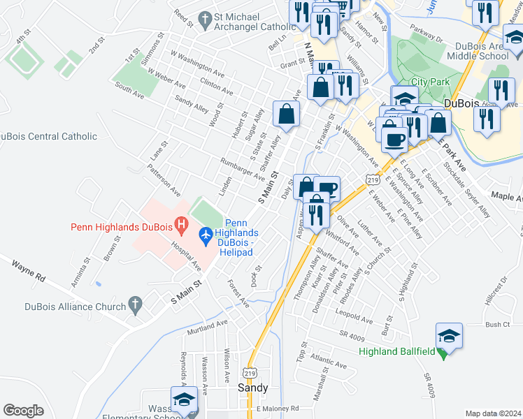 map of restaurants, bars, coffee shops, grocery stores, and more near 125 Spring Avenue in DuBois