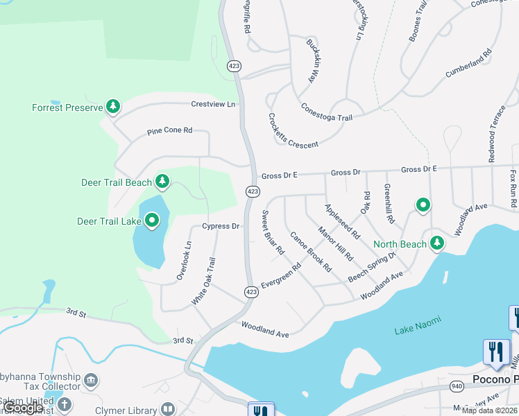 map of restaurants, bars, coffee shops, grocery stores, and more near 33 Sweet Briar Road in Pocono Pines