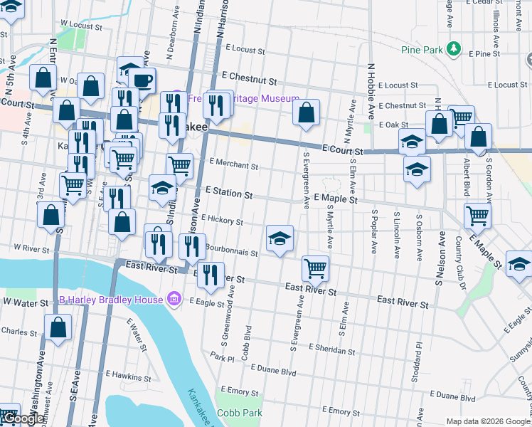 map of restaurants, bars, coffee shops, grocery stores, and more near 331 South Rosewood Avenue in Kankakee