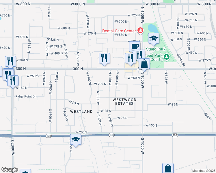 map of restaurants, bars, coffee shops, grocery stores, and more near 220 North 1250 West in Clearfield