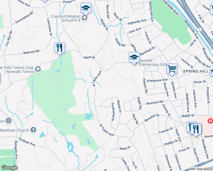 map of restaurants, bars, coffee shops, grocery stores, and more near 115 Fillow Street in Norwalk