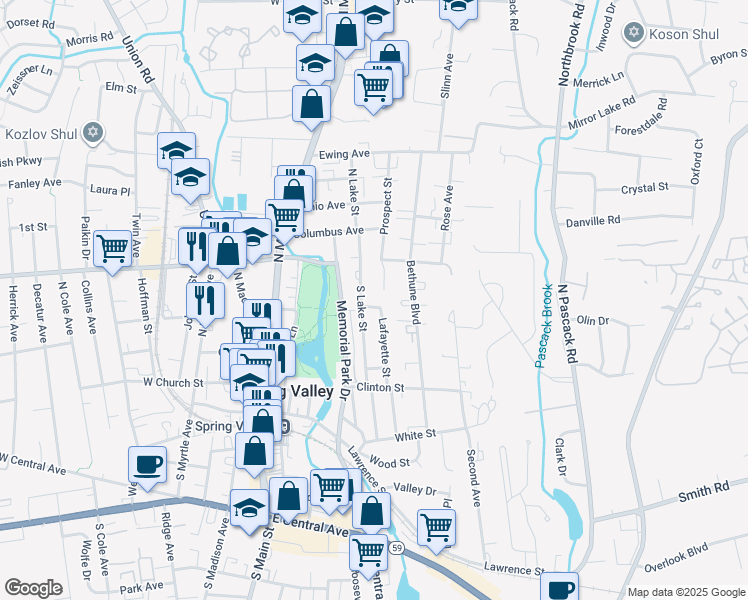 map of restaurants, bars, coffee shops, grocery stores, and more near 122 South Lake Street in Spring Valley