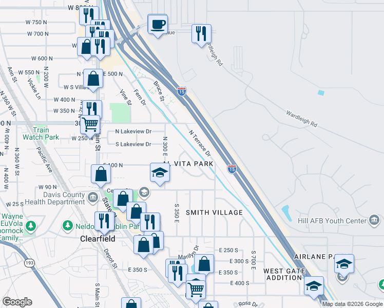 map of restaurants, bars, coffee shops, grocery stores, and more near 158 Lynnwood Drive in Clearfield