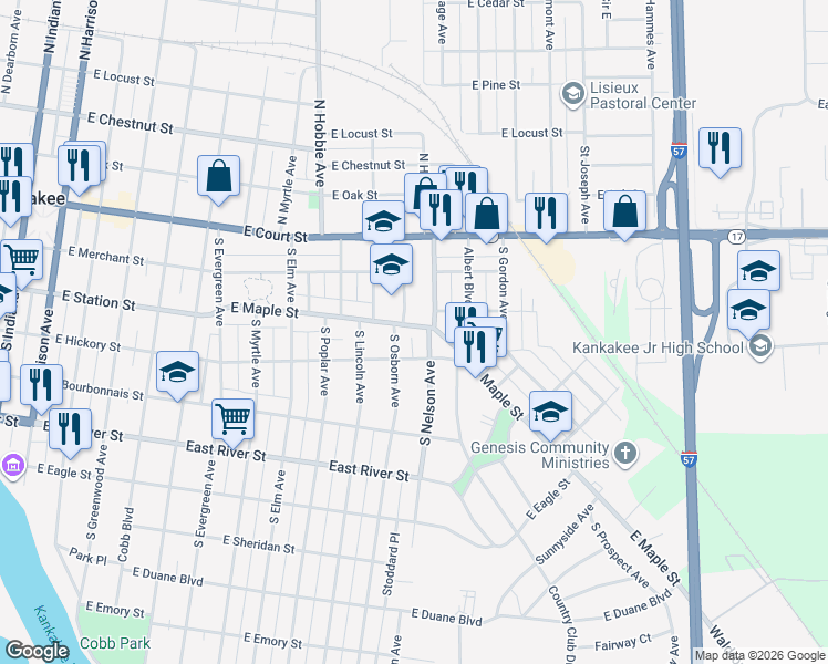 map of restaurants, bars, coffee shops, grocery stores, and more near 1552 East Maple Street in Kankakee